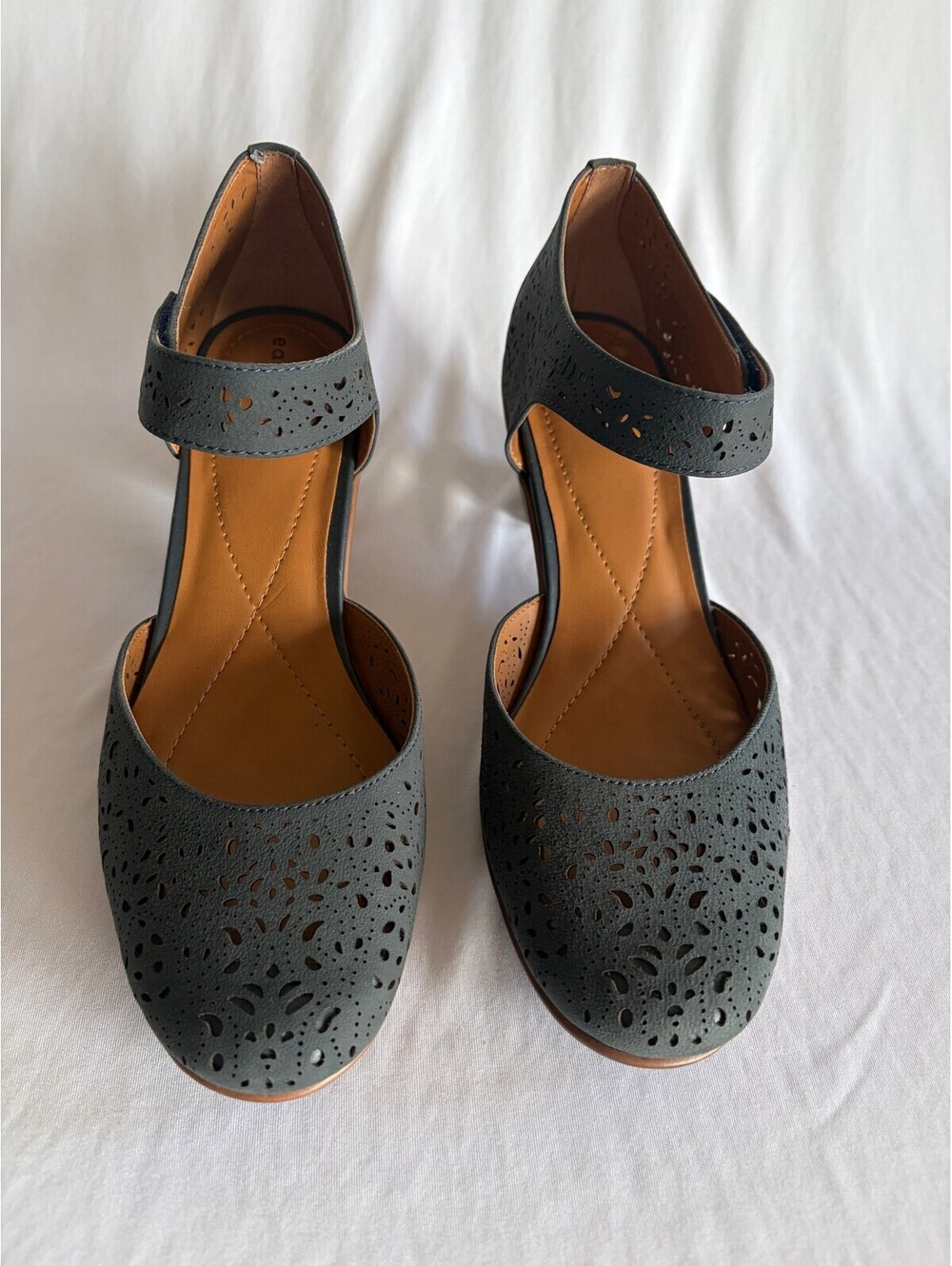 Gray laser cut ankle strap block heel shoes